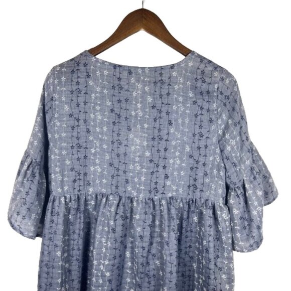 Umgee Womens Floral Chambray Baby Doll Dress Size M Blue Bell Sleeves Boho Twee - Picture 8 of 13